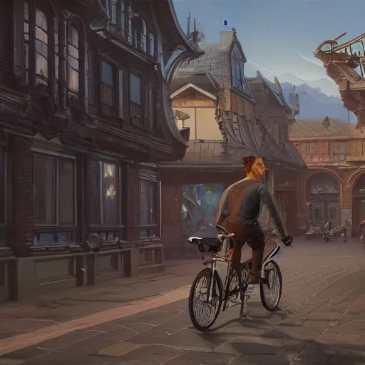 Image similar to man with receding hairline biking through beverley town centre, intricate, elegant, highly detailed, digital painting, artstation, concept art, matte, illustration, hearthstone, art by artgerm and greg rutkowski and alphonse mucha, simon stalenhag, hyperreal