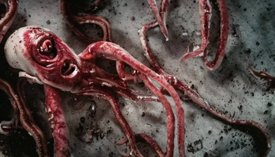 Image similar to Big budget horror movie, a squid bloodily rips out a cyborg's intestines