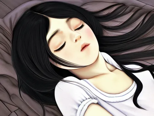 Image similar to room with an little girl with an long black hair dressed in a simple white dress sleeping, anime art style, digital art ilya kuvshinov, inspired by balthus, hd, 4 k, hyper detailed, dark, anatomically correct, angelic face