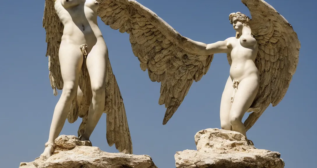 Image similar to Aphrodite statute of winged victory Samothrace detailed on landscape