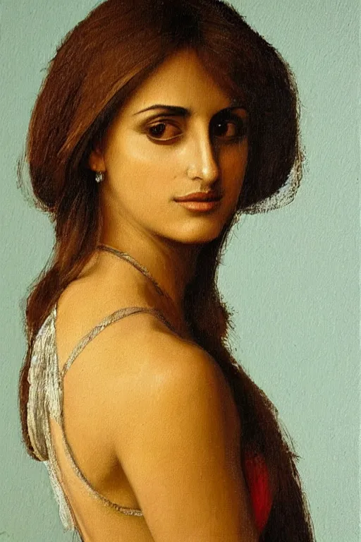 Image similar to oil painting, portrait of penelope cruz, artwork by leonardo da vinci