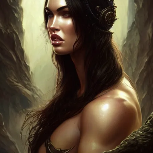 Image similar to portrait of megan fox, muscular upper body, fantasy, intricate, elegant, highly detailed, digital painting, artstation, concept art, matte, sharp focus, illustration, art by aenaluck and roberto ferri and greg rutkowski, epic fantasy, digital painting