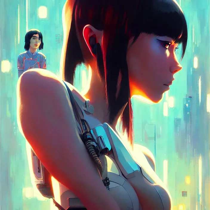 Image similar to cyborg girl | | audrey plaza, fine detail!! anime!! realistic shaded lighting!! poster by ilya kuvshinov katsuhiro otomo ghost - in - the - shell, magali villeneuve, artgerm, jeremy lipkin and michael garmash and rob rey