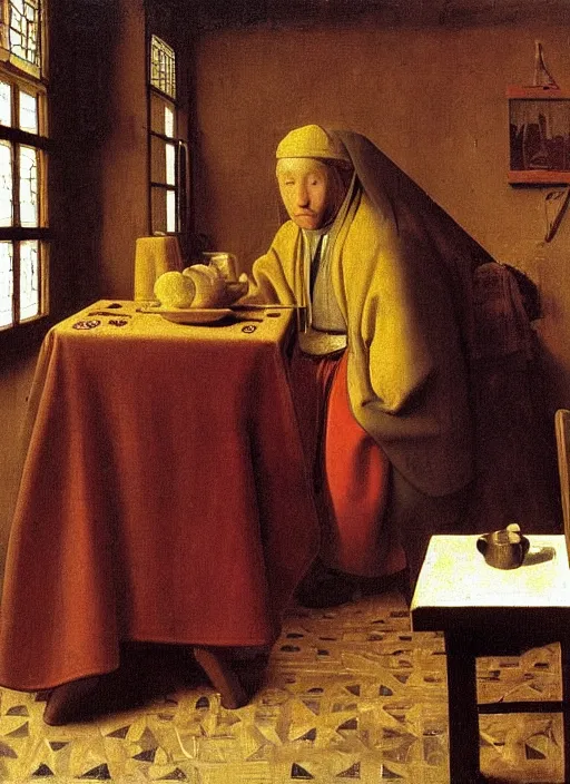 Image similar to Young man sitting at the table with young pretty blonde girl at the crowded inn. Medieval painting by Jan van Eyck, Johannes Vermeer, Florence