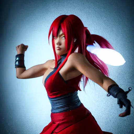 Prompt: dslr photo of beautiful erza scarlet wearing a skirt and casting a fireball against ryu hayabusa from ninja gaiden, portrait photo, real photo, real camera, extreme detailed face and body, high quality, moody lighting, fast paced lines, sharp quality, enchanting, 8 k
