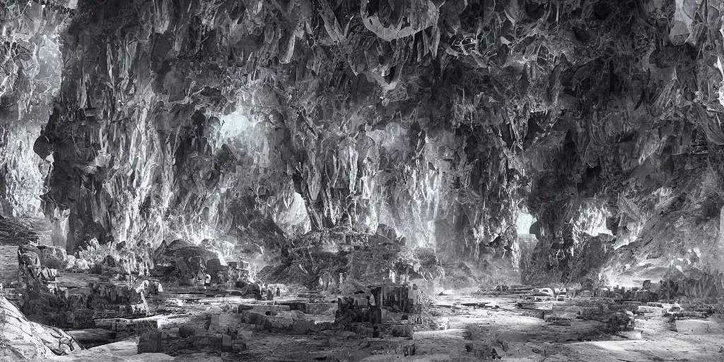 Prompt: highly detailed cave entrance in a scifi landscape by feng zhu, perfect geometry, hyper - detailed, sharp, beautiful, desaturated, beautiful lighting, oil on canvas