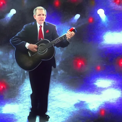 Image similar to stunning awe inspiring george w bush performing at a rap concert, movie still 8 k hdr atmospheric lighting