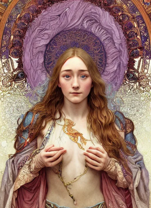 Image similar to Saoirse Ronan as God of Beauty, cute, fantasy, intricate, elegant, highly detailed, digital painting, 4k, HDR, concept art, smooth, sharp focus, illustration, art by alphonse mucha,artgerm, H R Giger