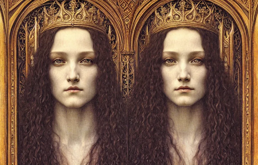 Image similar to detailed realistic beautiful young medieval queen face portrait by jean delville, gustave dore and marco mazzoni, art nouveau, symbolist, visionary, gothic, pre - raphaelite. horizontal symmetry