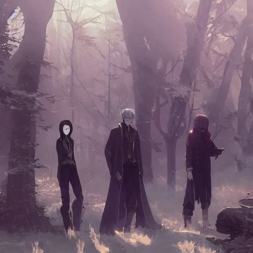 Image similar to group of vampires in the woods, hyperrealistic, trending on pixiv fanbox, painted by greg rutkowski makoto shinkai takashi takeuchi studio ghibli, akihiko yoshida