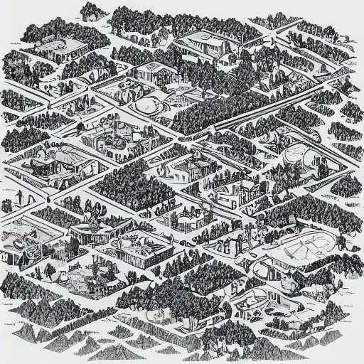 Image similar to “detailed map of a small fantasy town in the style of Mike schley”