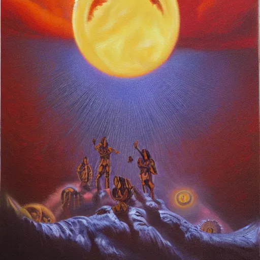 Image similar to the cult of the sun oil painting