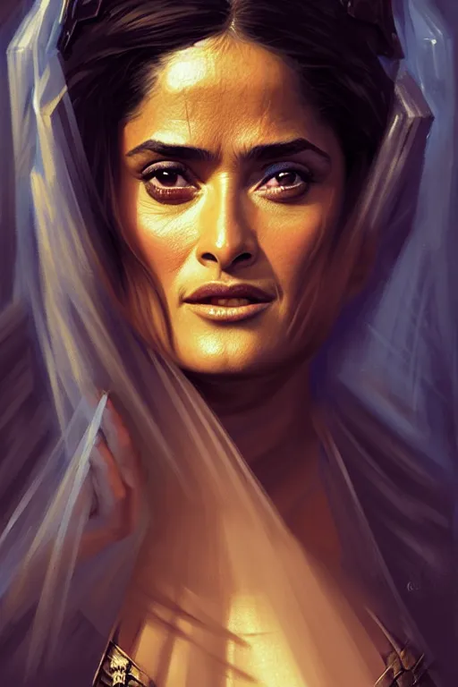 Image similar to salma hayek as a princess of eternal beauty and grace, face portrait, raphael lacoste, eddie mendoza, alex ross, concept art, matte painting, highly detailed, rule of thirds, dynamic lighting, cinematic, detailed, denoised, centerd