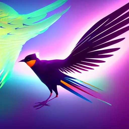 Prompt: flawless painting of futuristic bird with digital wings, colorful feather, lofty flight, epic, ultimate, cinematic, sharp focus, centered, sensual lighting, 8 k hd, artstation, unreal engine 5