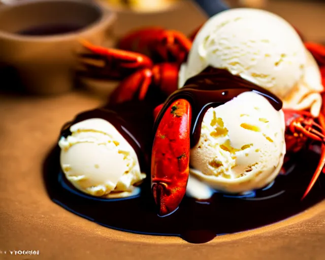 Image similar to dslr food photograph of vanilla ice cream with crawfish, some chocolate sauce, 8 5 mm f 1. 4