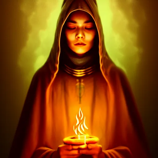 Image similar to ( a priestess with a hood that covers half her face carries an incense burner that emits a pleasantly colored flame. ) by anato finnstark, photorealistic, full body portrait, dynamic lighting, beautiful, trending on artstation, wallpaper, 4 k, award winning, digital art, golden hues, dream background