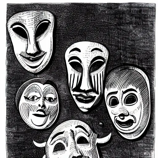 Image similar to an ink drawing of cracked comedy and tragedy theater masks, elaborate detail