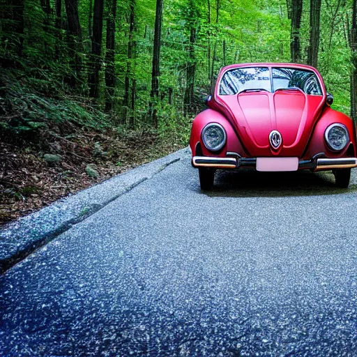 Image similar to promotional scifi - mystery movie scene of a ( volkswagen beatle ) and ladybug hybrid that's more ladybug. racing down a dusty back - road in smokey mountains tennessee. cinematic, 4 k, imax, 7 0 mm, hdr