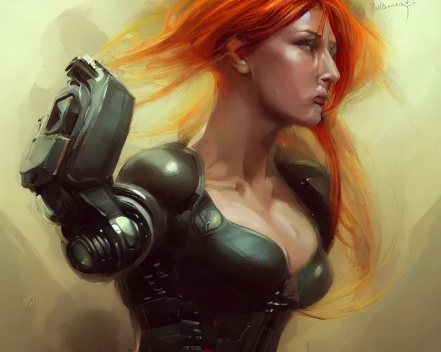 Image similar to portrait of samus aran as a very attractive happy female bodybuilder cyberpunk witch, elegant, fantasy, hd shot, digital portrait, beautiful, artstation, comic style, by artgerm, guy denning, jakub rozalski, magali villeneuve and charlie bowater