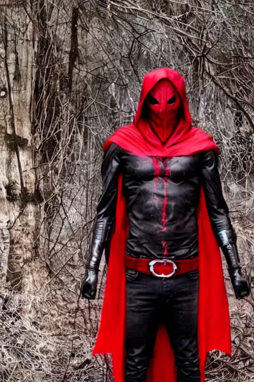 Image similar to red hood cosplay, creepy, disturbing, bloody, darkness, grainy