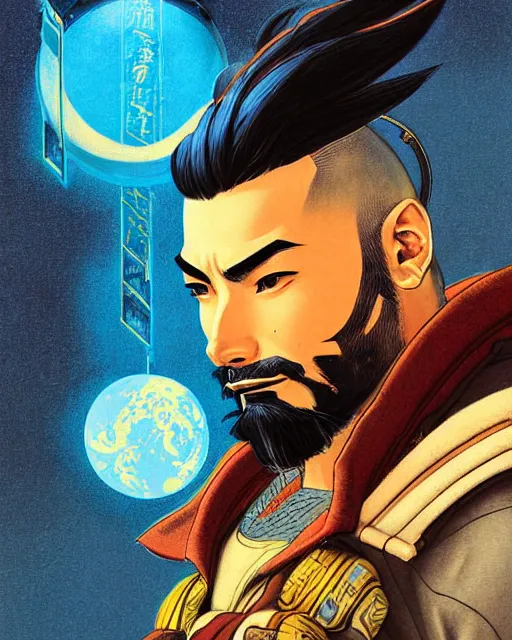 Image similar to hanzo from overwatch, character portrait, portrait, close up, concept art, intricate details, highly detailed, vintage sci - fi poster, retro future, vintage sci - fi art, in the style of chris foss, rodger dean, moebius, michael whelan, katsuhiro otomo, and gustave dore