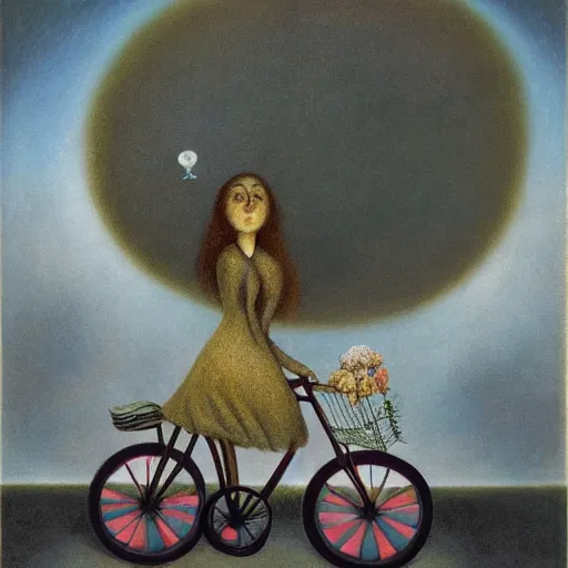 Prompt: by remedios varos, a long haired woman riding a bicycle towards a giant candle in the distance, oil painting, met collection, high resolution