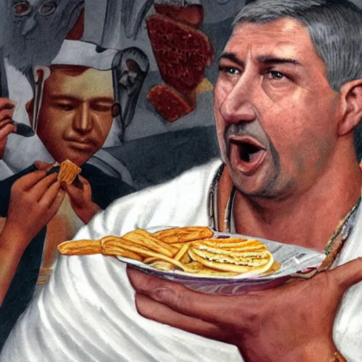 Image similar to roman emperor eating fast food at the olympic games, photo realism