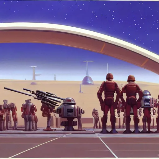 Prompt: ralph mcquarrie concept art of a futuristic mcdonalds. a space station is seen off in the distance with various droids and people walking in the foreground. a trooper is seen holding a brown mcdonalds bag.