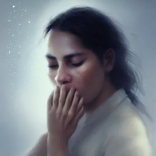 Image similar to Stunning portrait of Beautiful Hispanic tiny nose womans face with her hands covering her eyes. Soft render, Greg Rutkowski details, Tears pouring down from her eyes, music album cover, artstation, pixivi