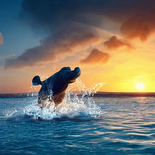 Prompt: a closeup photorealistic photograph of a cute smiling knitted tiger hippopotamus splashing after beachballs during sunset. surf in background. professional capture. this 4 k hd image is trending on artstation, featured on behance, well - rendered, extra crisp, features intricate detail, epic composition and the style of unreal engine.