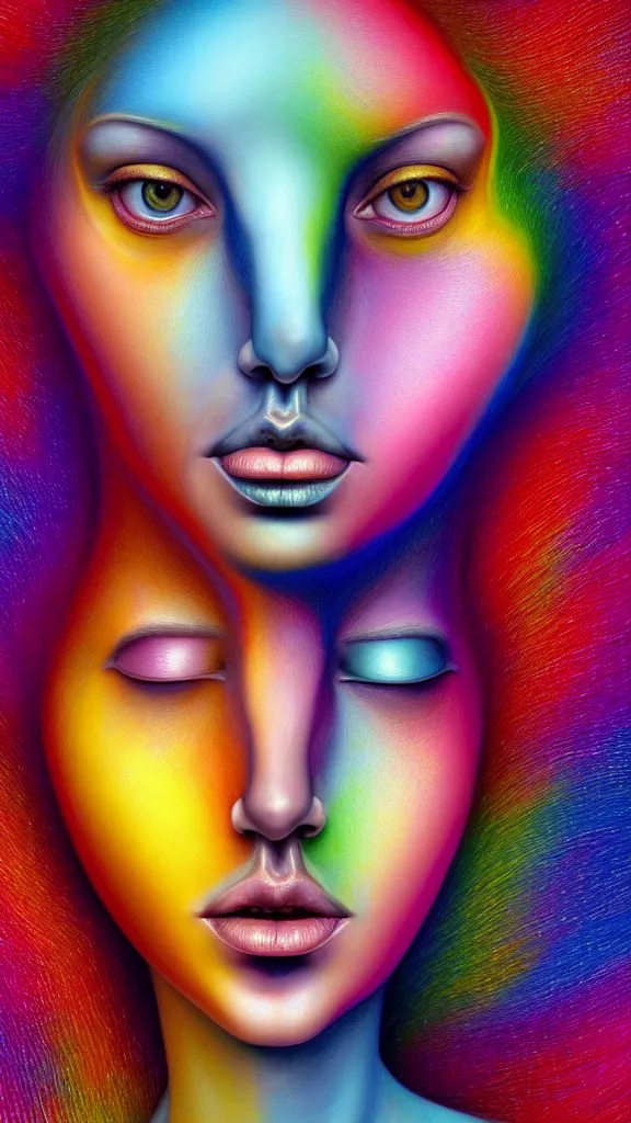 Image similar to hyperrealistic abstract close-up female! portrait Renaissance psychedelic!! celestial happy! pure creature!! perfect!! face! peaceful! kind spirit of nature! beautiful fractal!! eyes! highly detailed concept art eric zener elson peter cinematic hard rainbow lighting high angle hd 8k sharp shallow depth of field endless, inspired by Zdzisław Beksiński Salvador Dali