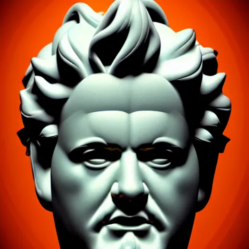 Prompt: sci - fi cgartist wide shot anaglyph ambient occlusion rendering of a hyper realistic marble greek statuary regal god head resembling guy fieri glowing with embedded vaporwave leds product photo high key colored lighting, trending on artstation volumetric lighting