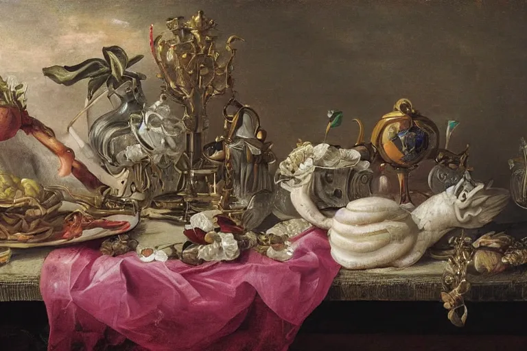 Image similar to a vanitas painting from the 21st century by clara peeters and pieter claesz with an NVIDIA RTX GPU, Graphics card, silicone, dead animals, a smartphone, screens, tiktok, AirPods, cables, wires