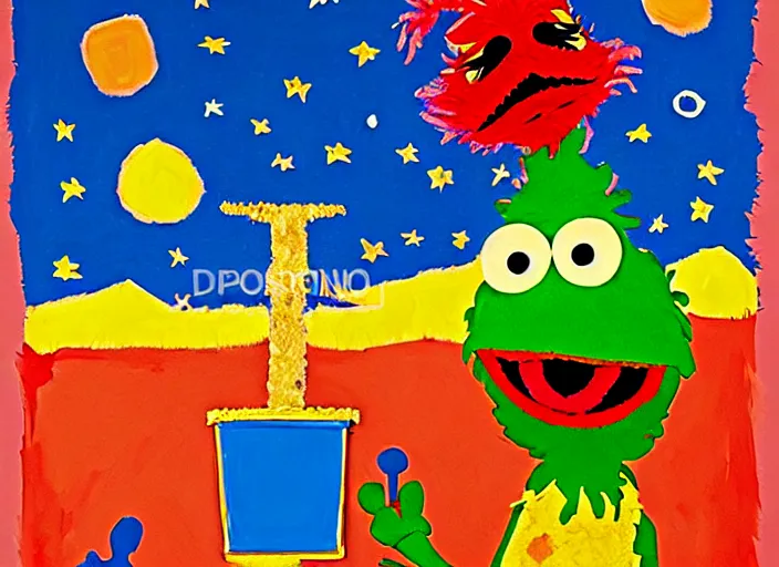 Image similar to expressionistic decollage painting trash can toter as tarot card fool with sesame street elmo and kermit muppet on a horse knight in a dark red cloudy night sky background and golden foil jewish stars , mountain lake and blossoming field in background, painted by Mark Rothko, Helen Frankenthaler, Danny Fox and Hilma af Klint, microsoft paint art, semiabstract, color field painting, byzantine art, jpeg compression artifact, pop art look, naive, buff painting, fractal art. Barnett Newman painting, part by Philip Guston and Frank Stella art by Adrian Ghenie, 8k, extreme detail, intricate detail, masterpiece
