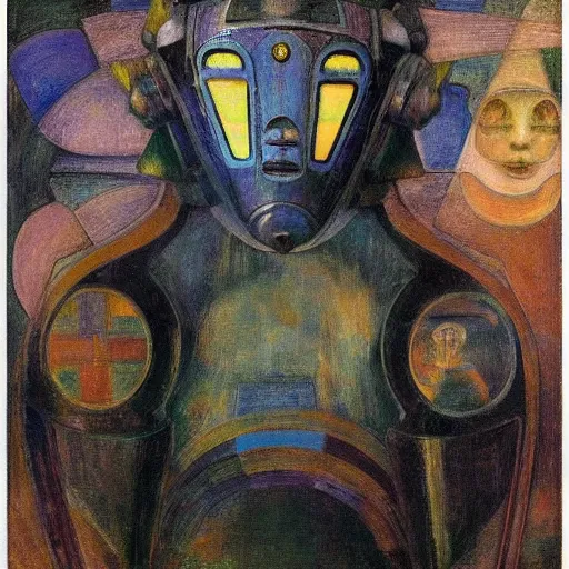 Prompt: the robot in her mechanical mask, by Annie Swynnerton and Diego Rivera, symbolist, dramatic lighting, elaborate geometric ornament, Art Brut ,god rays, soft cool colors,smooth, sharp focus, extremely detailed, Adolf Wölfli