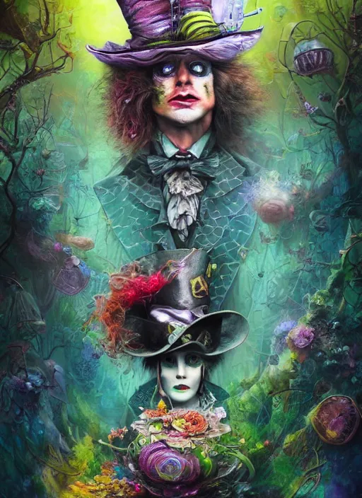 Image similar to mad hatter, solarpunk style, highly detailed, cinematic, 8 k, by megan duncanson, benjamin lacombe, adrian borda, stanley artgermm, tom bagshaw, craig mullins, carne griffiths, ayami kojima, beksinski, giger, trending on deviantart, hyper detailed, horror, full of colour