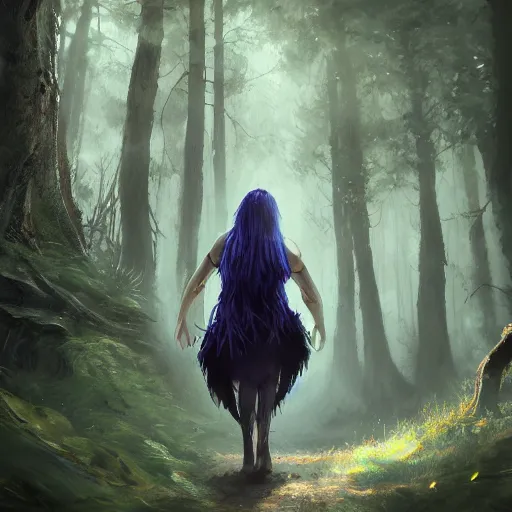 Image similar to half human half raven full body wizard walking in old forest, unreal engine, digital, artstation, detailed body, heavenly atmosphere, digital art, overdetailed art, trending on artstation, cgstudio, the most beautiful image ever created, dramatic, award winning artwork, beautiful scenery