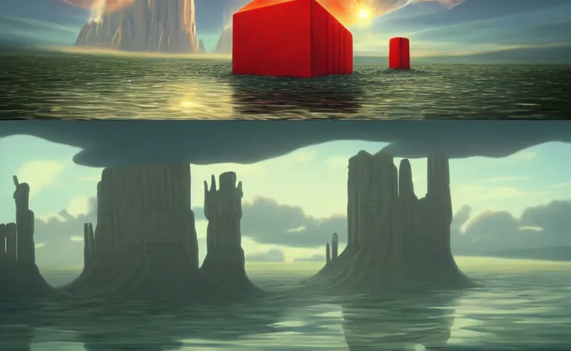 Prompt: hyperrealist painting of a giant flying cube inside a bubble from howl's moving castle ( 2 0 0 4 ) in a flooded monument valley stonehenge jungle. 1 9 7 0 s science fiction, moody, misty, depth perception, 4 k, artstation, in the style of studio ghibli