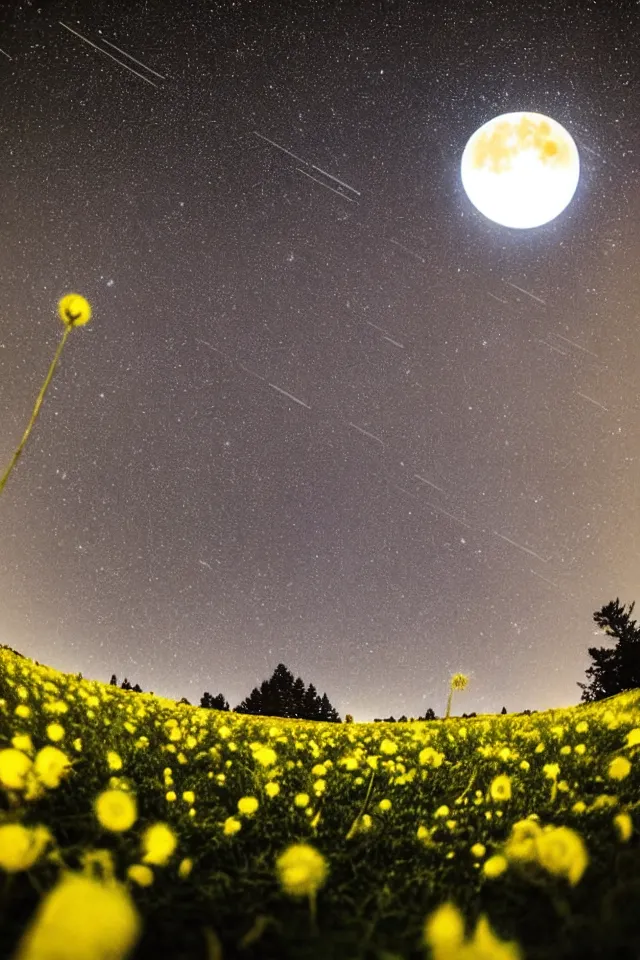 Prompt: low angle, shot from below. two very large moons in night sky. milky way in the night sky. long shot. intensive meteor shower. field of big frozen yellow flowers. f 1. 8 lens, lens flare, bokeh. high detail