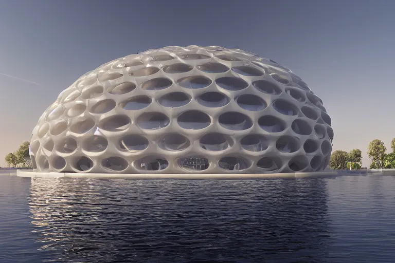 Image similar to a building composed of many white spherical egg shaped circular spaces and boolean combinations stacked together. on the calm lake, people's perspective modern curved architecture, future, wood, marble, metal award winning, highly detailed 4 k art, dusk, unreal engine highly rendered, global illumination, radial light, internal environment by kazuyo sejima