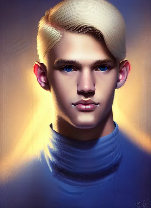 Image similar to portrait of young kevin keller with blonde hair, blonde hair, blue eyes, defined jawline, intricate, elegant, glowing lights, highly detailed, digital painting, artstation, concept art, smooth, sharp focus, illustration, art by wlop, mars ravelo and greg rutkowski