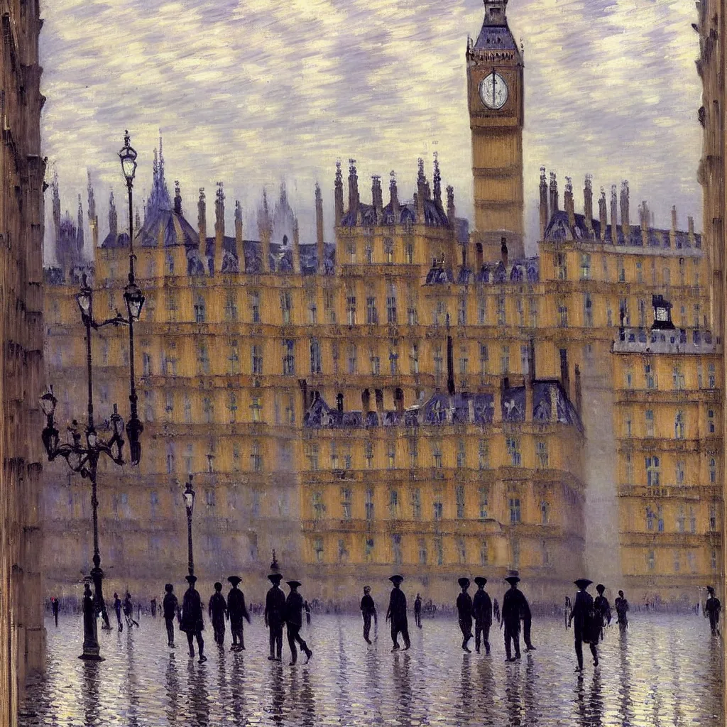 Image similar to gustave caillebotte painting of london in sunny rainy day, big ben