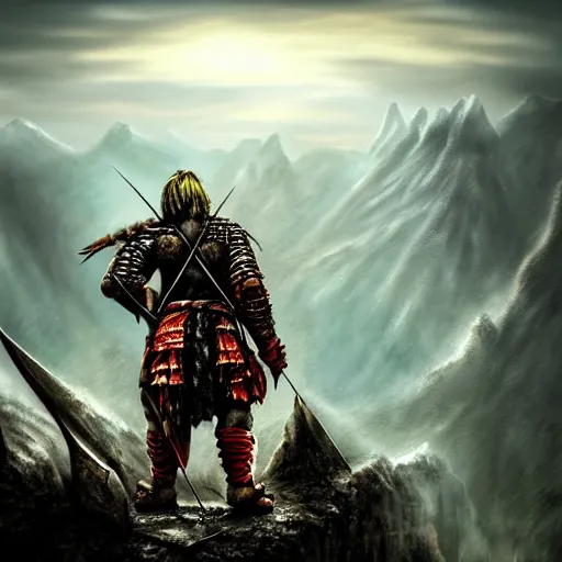 Image similar to lonely ork warrior struck by an arrow in the shoulder, bleeding, tired, desolated mountains in the distance, cloudy and atmospheric with a touch of sunlight coming through, realistic, tolkien world