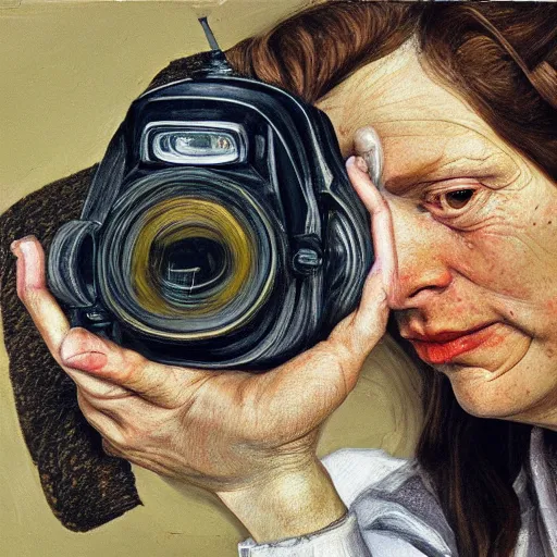 Prompt: high quality high detail painting by lucian freud, hd, portrait of a female photographer, photorealistic lighting