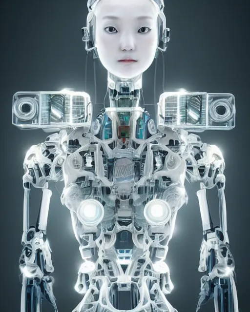 Image similar to beautiful centered fine art photo portrait of hoyeon jung as a solarpunk robotic humanoid, white mechanical parts with bright halogen lights, treading above water, ultra - realistic and detailed, white background, natural lighting, soft focus, slow exposure hdr 8 k