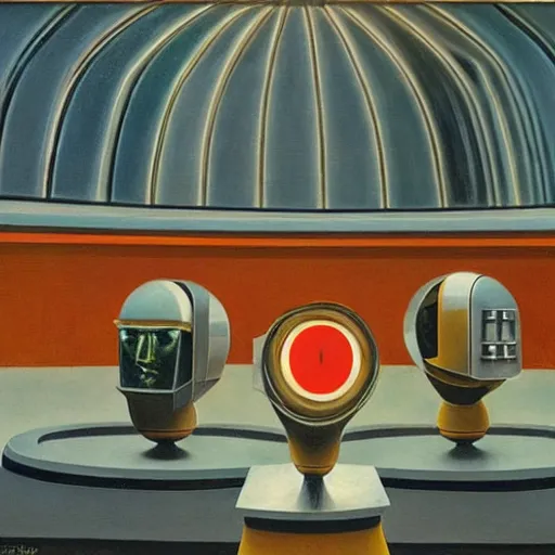 Prompt: three brutalist robotic judges with glowing eyes, inside a dome, pj crook, grant wood, edward hopper, syd mead, chiaroscuro, oil on canvas