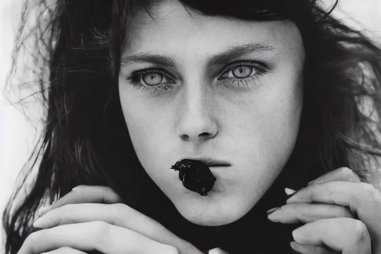 Prompt: close up, black and white portrait, beautiful white woman with bright blue eyes smoking, Peter Lindbergh, 35mm, film photo