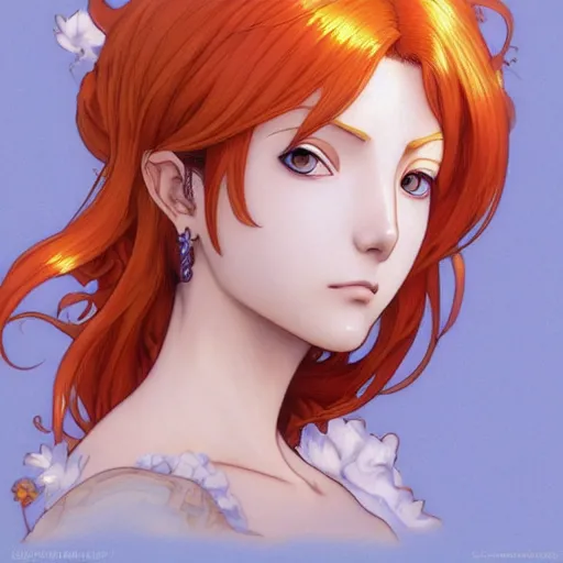 Image similar to intricately detailed vfx portrait of nami from one piece by eiichiro oda, makoto shinkai, alphonse mucha, art by artgerm and greg rutkowski, best of behance, concept art, matte, sharp focus, orange hair, adolphe bouguereau, annie leibovitz, stanley kubrick,