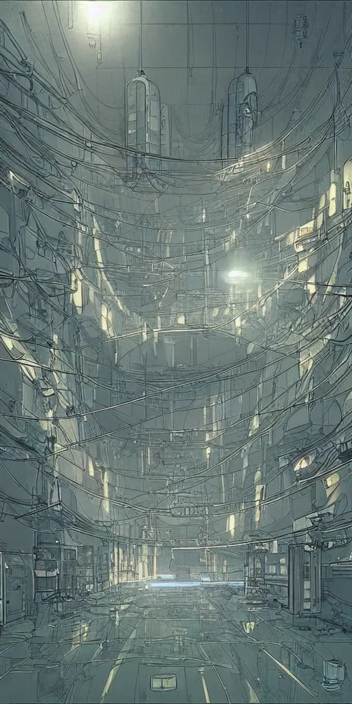 Image similar to underground huge experimental water tanks , mysterious laboratory, thick mist, low ceiling, cables hanging from ceiling, thick cables on ground, ground perspective, god rays of light, huge computer screens, neons, saturated top light , epic scene, scifi, illustration, art by ghibli moebius
