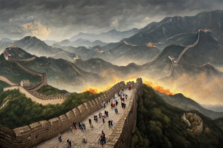 Image similar to photorealistic painting of the Great Wall Of China being destroyed by alien weapons by Samuel Palmer and Bernardo Bellotto, gloomy, rainy, terror, doom, octane render, 8k, award-winning, trending on artstation